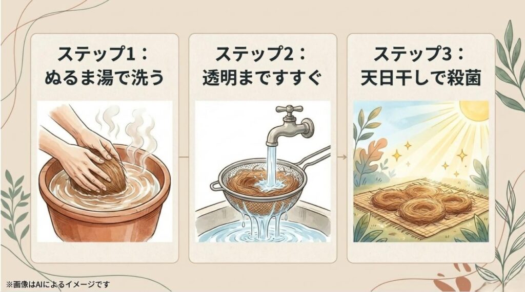 ぬるま湯で洗い、透明になるまですすぎ、天日で乾かすという3つの工程をまとめたガイド