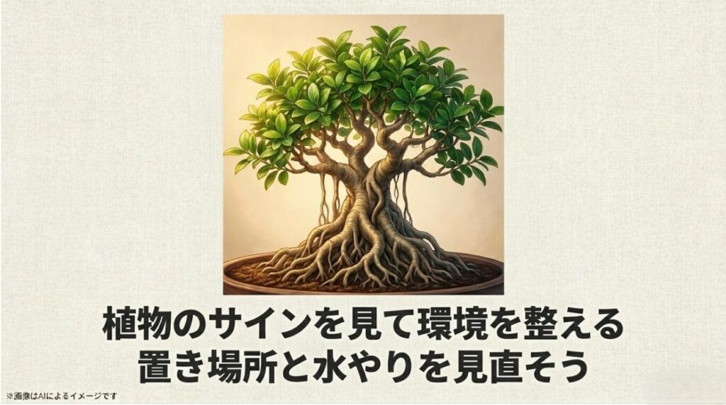 適切な水やりと置き場所によって、美しく力強い気根を伸ばしたガジュマルがもたらす癒やしのイメージ。
