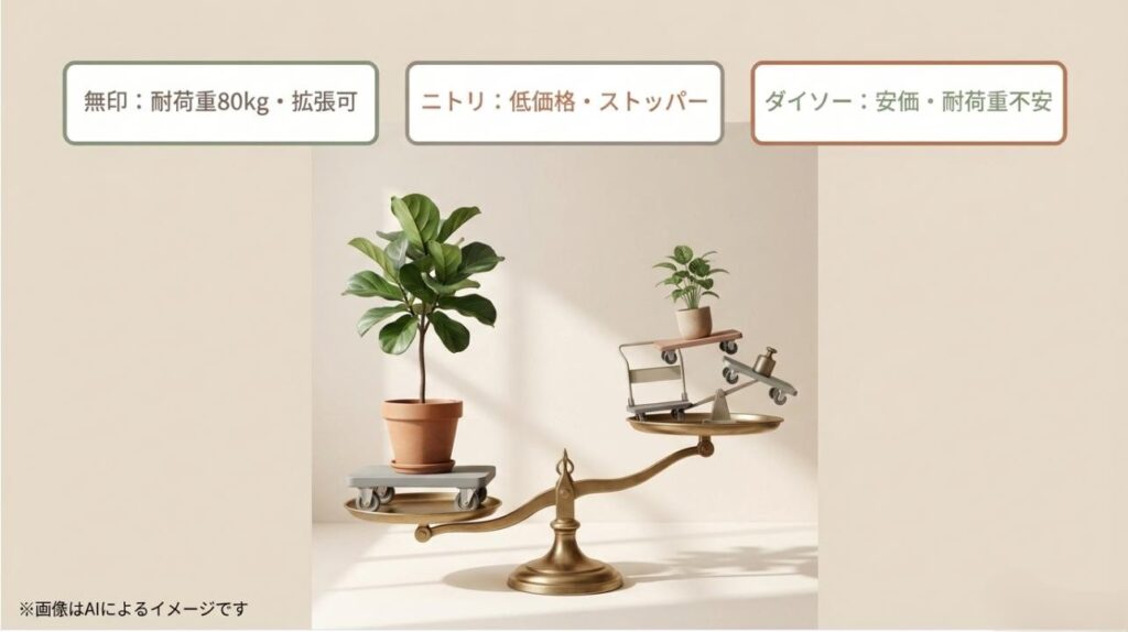 無印(耐荷重・拡張性)、ニトリ(低価格・ストッパー)、ダイソー(安価)のそれぞれの強みをまとめた比較図
