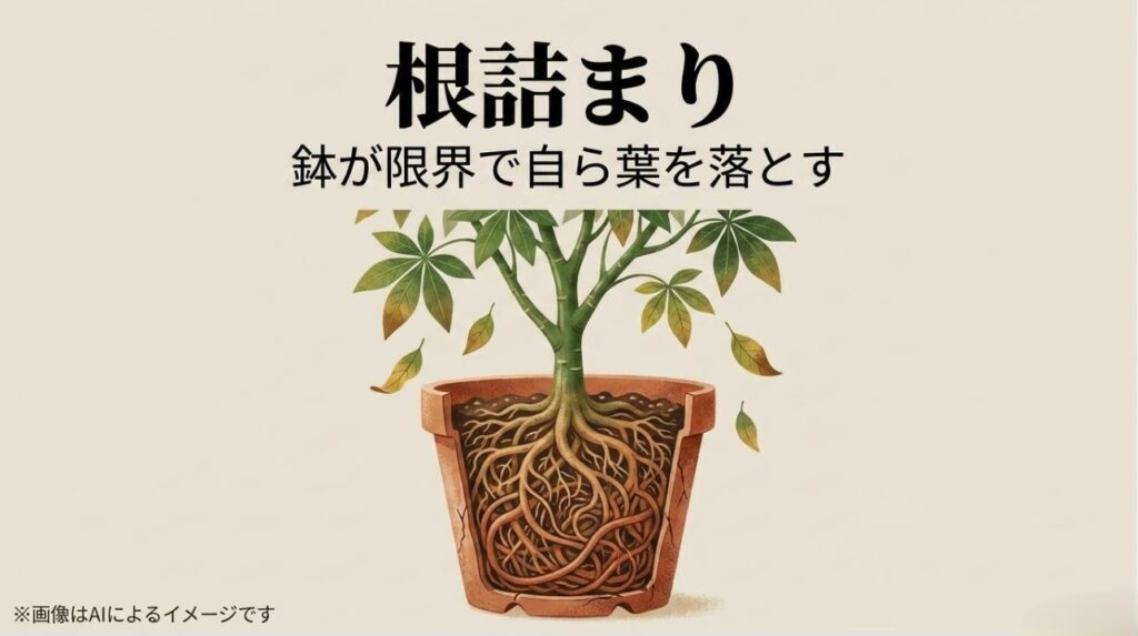 鉢の中で根が詰まり、水分不足で葉が落ちていく様子を描いた断面図