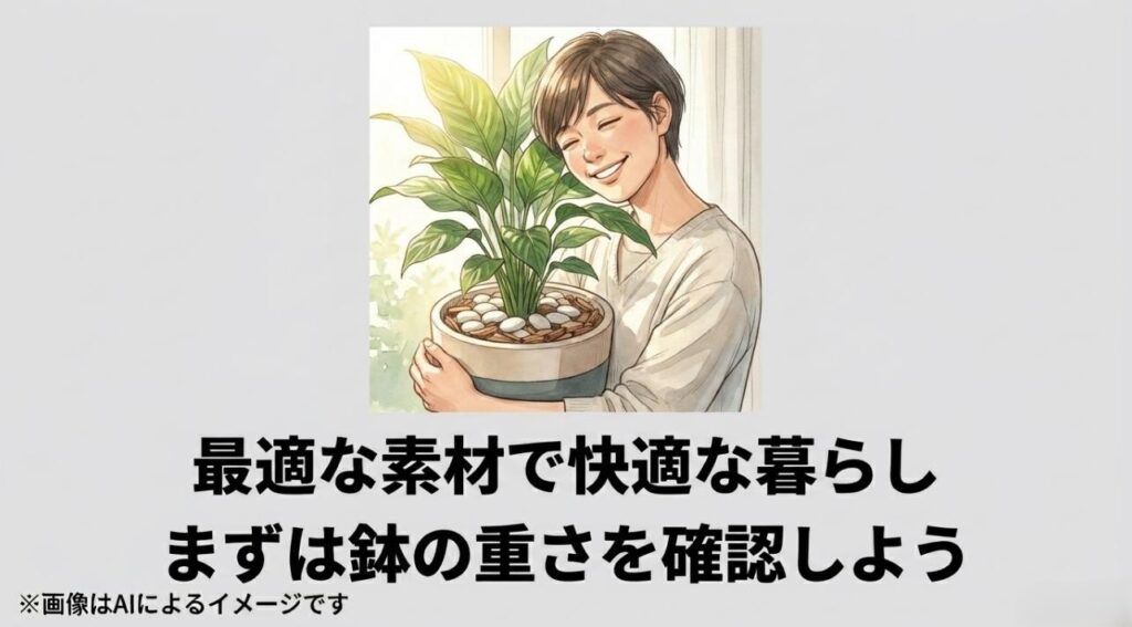 適切にマルチングされた美しい観葉植物を笑顔で抱きしめる女性と、鉢の重さを確認する大切さを伝えるまとめのスライド