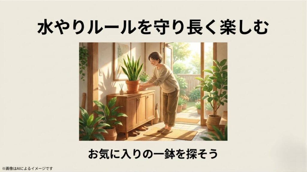 明るい日差しが差し込む玄関の棚に、笑顔でサンスベリアの鉢植えを配置する女性のイラストが描かれた、まとめセクションのスライド