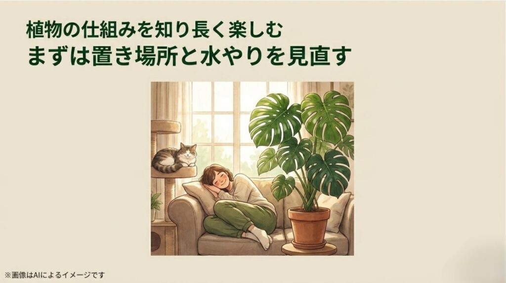 日当たりの良いリビングのソファで笑顔でくつろぐ女性と、キャットタワーで丸くなる猫、その傍らでイキイキと美しく育った大きなモンステラの鉢植えが描かれた幸せな日常のイラスト