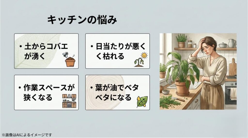 女性がキッチンで頭を抱えているイラストとともに、コバエ・日当たり・作業スペース・油汚れという4つの悩みが書かれたスライド