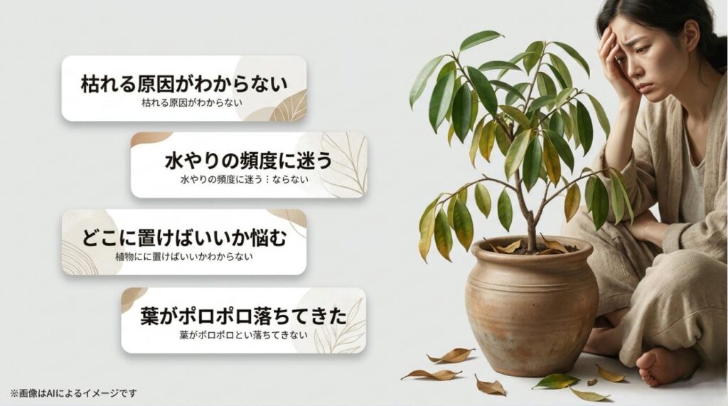 枯れかけたナギを前に悩む女性と、葉が落ちる、水やりや置き場所に迷うといった悩みをまとめたスライド