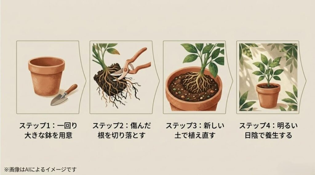 大きな鉢の用意、根の整理、新しい土での植え直し、日陰での養生の4工程を説明する図解