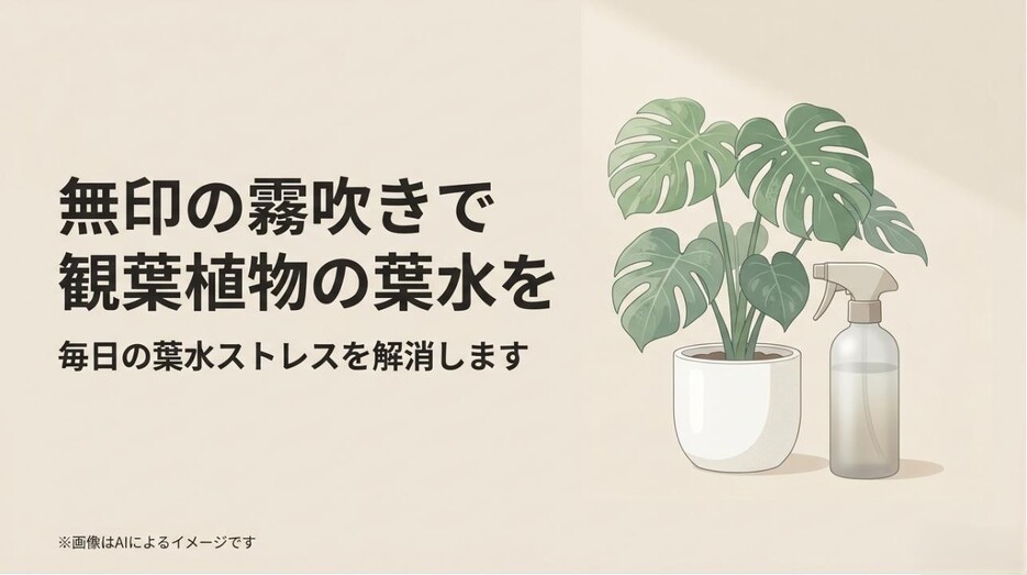 観葉植物と無印良品風のスプレーボトルのイラストと、毎日の葉水ストレスを解消するというタイトル文字