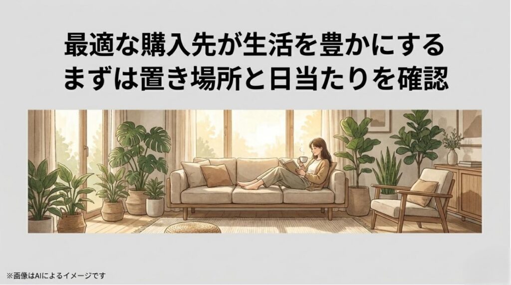 たくさんの健康的な観葉植物に囲まれたリビングで、女性がリラックスして読書を楽しんでいる幸せな日常風景
