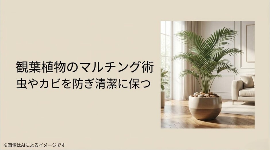 清潔に整えられたリビングの観葉植物と、虫やカビを防ぐマルチング術を紹介するタイトルのアイキャッチ画像