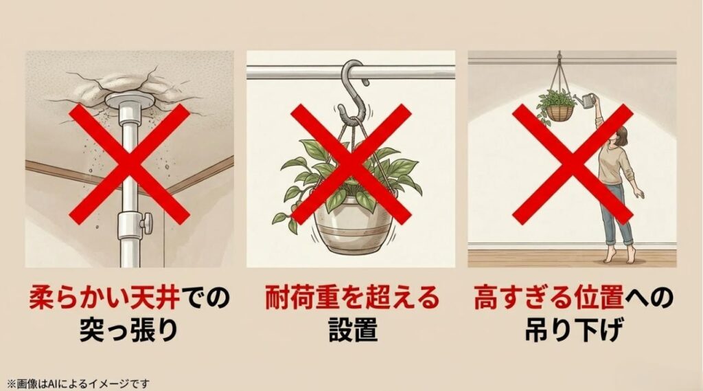 柔らかい天井での突っ張り、耐荷重を超える設置、高すぎる位置への吊り下げにそれぞれ赤いバツ印がついた注意喚起のイラスト