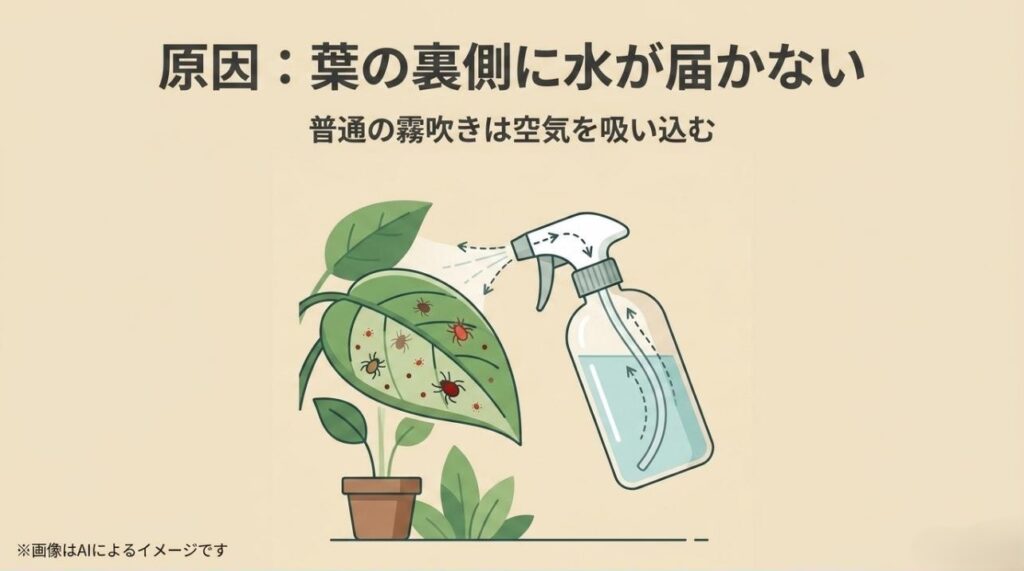 普通の霧吹きで葉の裏にいる害虫を狙うと空気を吸い込んでしまう様子を解説したイラスト