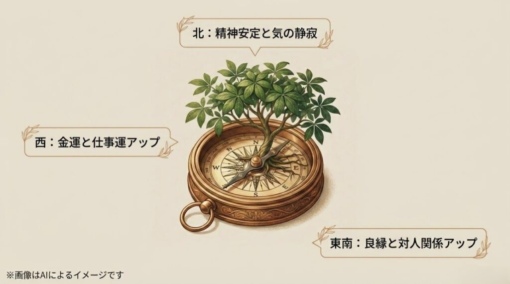 西(金運)、北(精神安定)、東南(良縁)など、カポックを置く方位と運気の関係を示した方位図