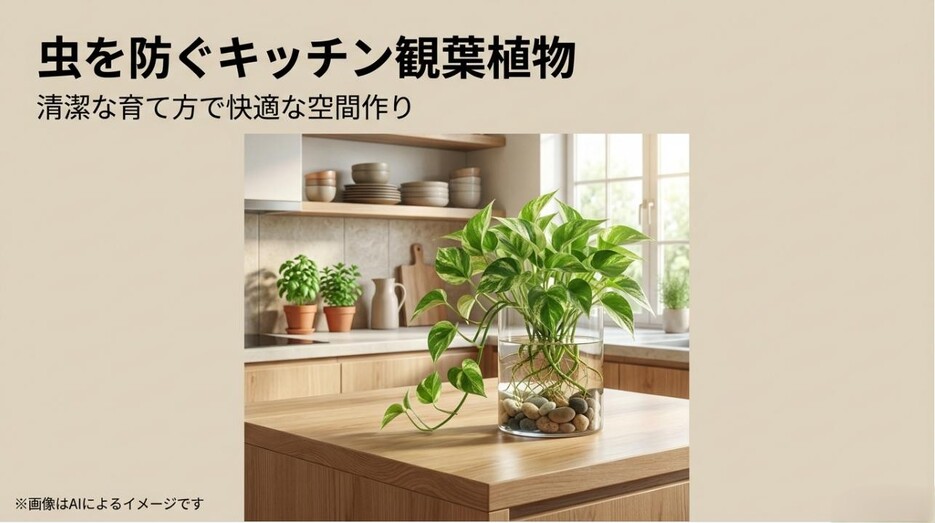「虫を防ぐキッチン観葉植物 清潔な育て方で快適な空間作り」と書かれた、キッチンの緑をイメージした清潔感のあるスライド画像
