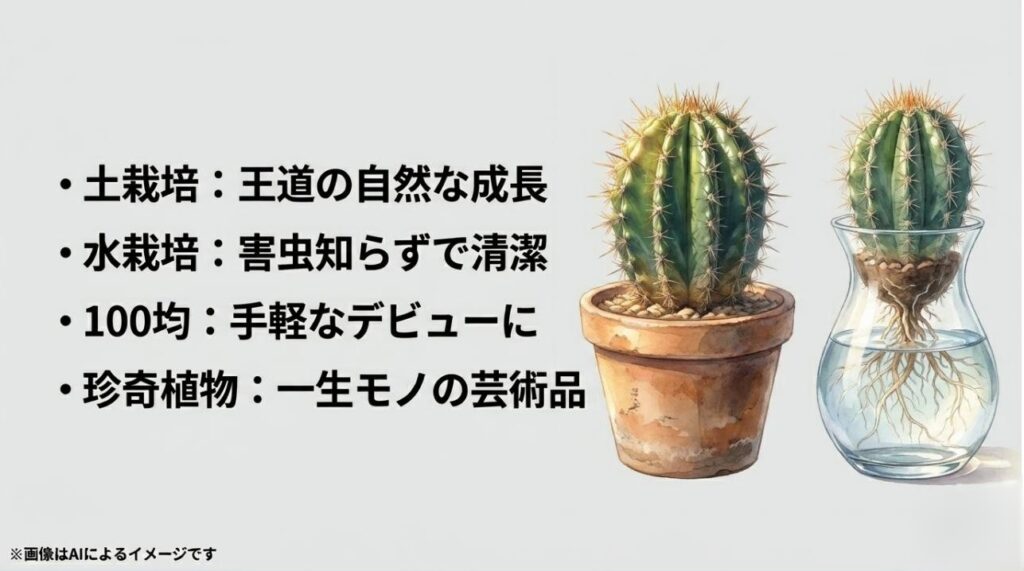 土栽培と水栽培のサボテンのイラストを並べ、100均の手軽なデビューから珍奇植物まで、それぞれの栽培特徴をまとめたスライド