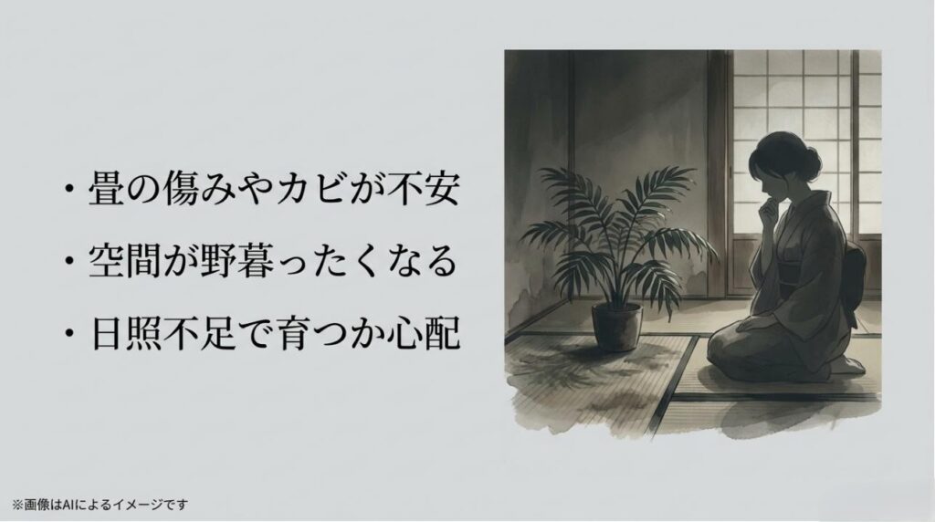 薄暗い和室の畳の上で、植物を見つめながらカビや日照不足、インテリアの野暮ったさに悩む着物姿の女性のイラスト