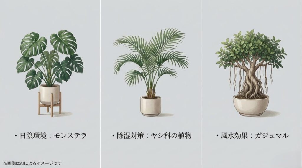 日陰に強いモンステラ、除湿に効果的なヤシ科の植物、風水効果(多幸の樹)があるガジュマルの3つの鉢植えを並べたイラスト