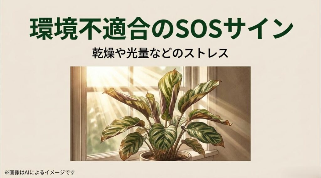 乾燥や光量ストレスによって葉が丸まったカラテアのイラストと、それが環境不適合のサインであることを示す解説