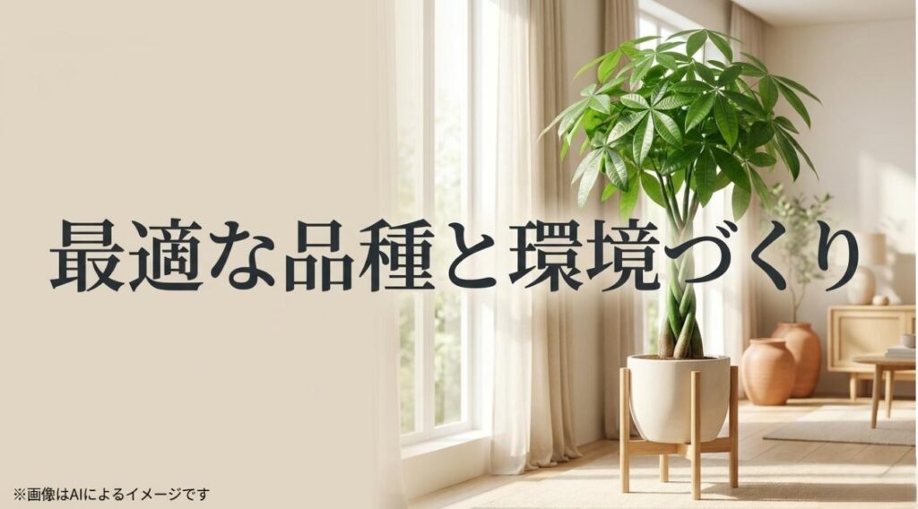 部屋の条件に合わせた品種選定や、適切な環境づくりの重要性を提示するスライド