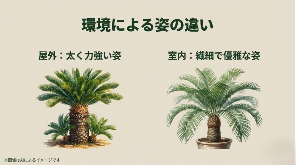 屋外では太く力強く、室内では繊細で優雅に育つソテツの姿を比較したイラスト