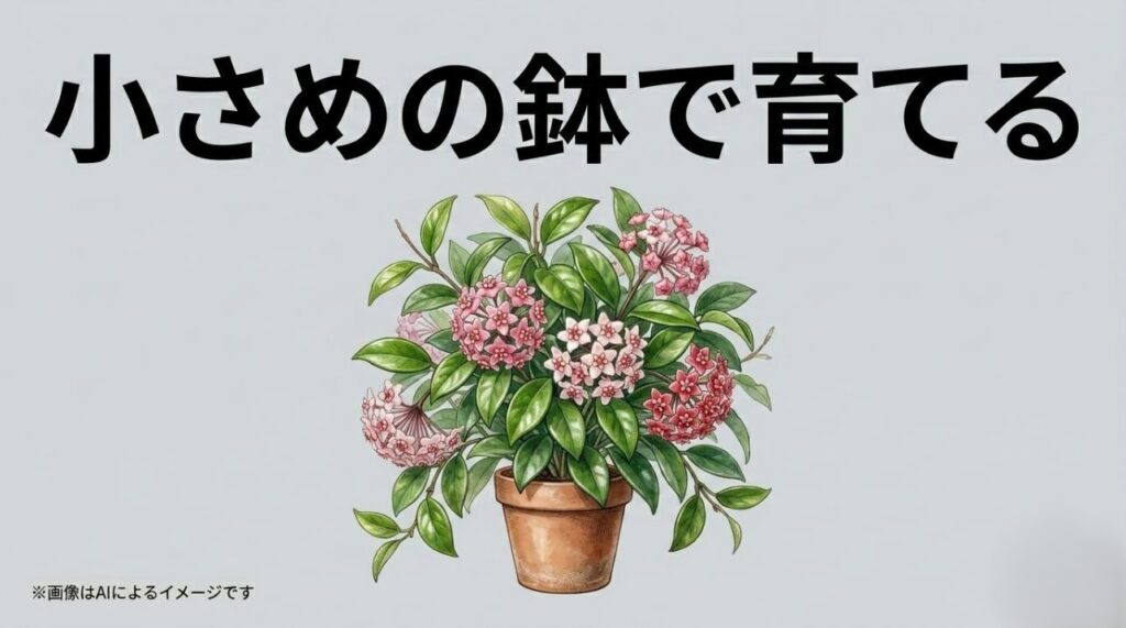 小さめの鉢に植えられ、ピンク色の星型の花をたくさん咲かせているホヤのイラスト