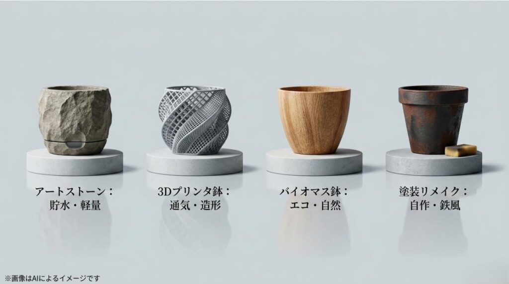 特徴の異なる4種類の進化系鉢（アートストーン、3Dプリンタ鉢、バイオマス鉢、リメイク鉢）を比較紹介するスライド