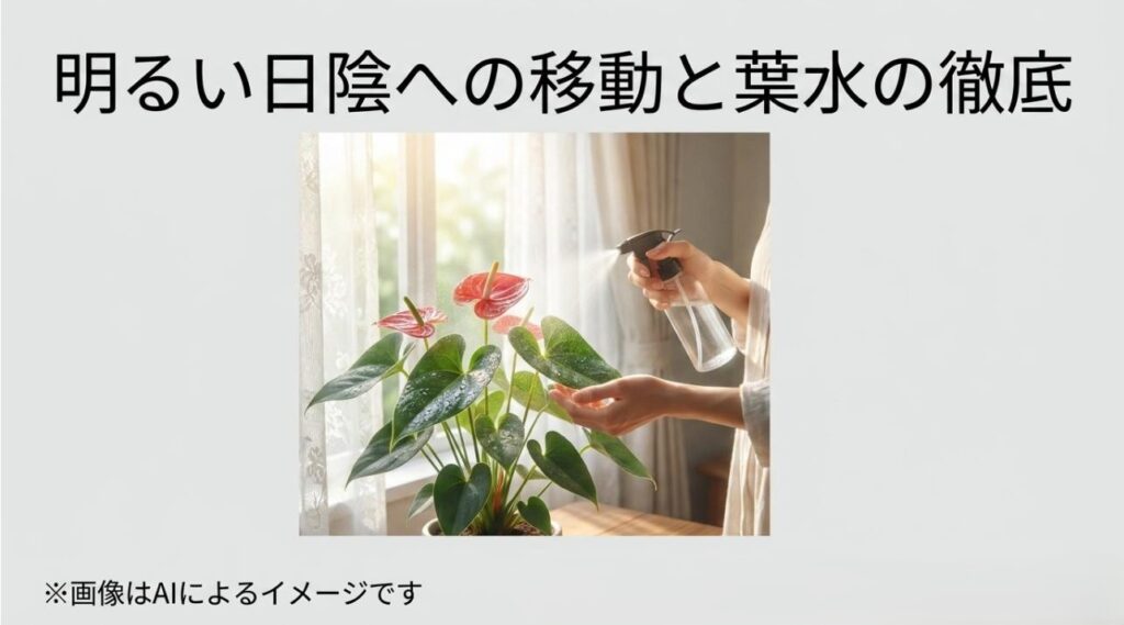レースカーテン越しの明るい日陰での管理と、霧吹きで湿度を保つ葉水の重要性を伝えるイメージスライド