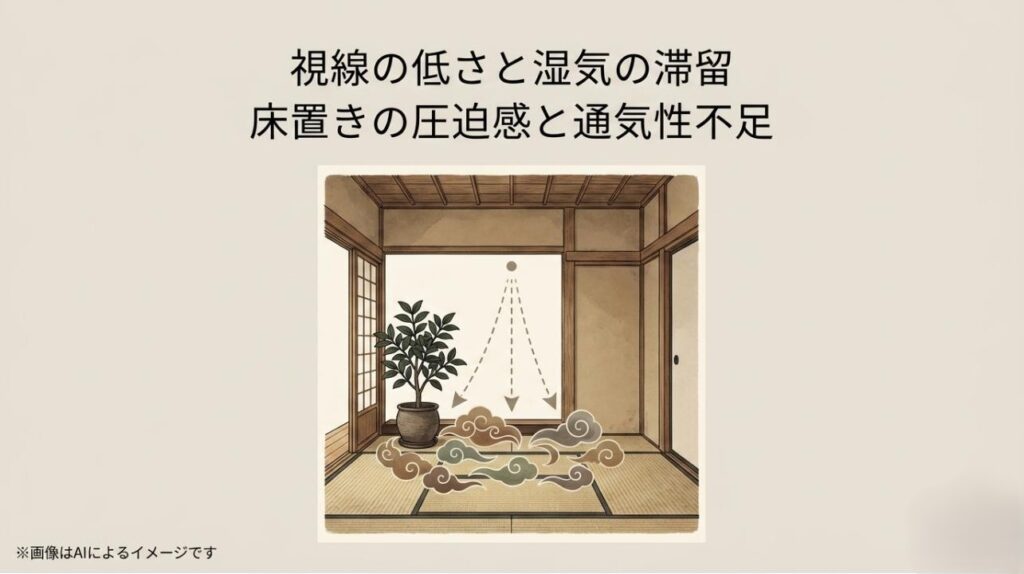 和室の畳に植物を直置きした際、低い視線による圧迫感と、床面に湿気がモヤのように滞留して通気性が不足する様子を示した解説図