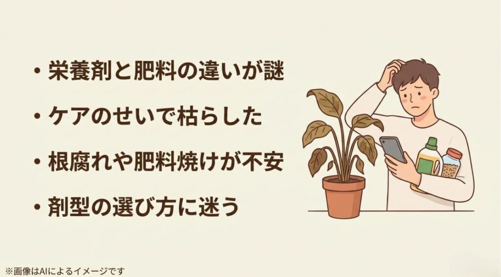 栄養剤と肥料の違いや、枯らしてしまう不安、根腐れ・肥料焼けへの懸念など、初心者が抱きやすい悩みリストのイラスト