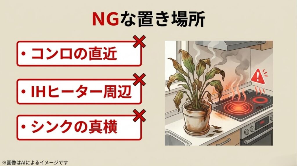 IHヒーターの熱や蒸気で茶色く枯れてしまった植物のイラストとともに、「NGな置き場所」「コンロの直近」「IHヒーター周辺」「シンクの真横」に×印がついた注意喚起のスライド