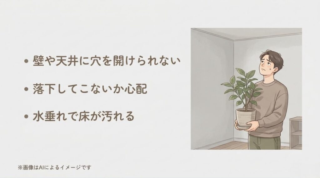 鉢植えを持った男性が、壁の穴開けや落下、水垂れといった賃貸特有の悩みを抱えているイラスト