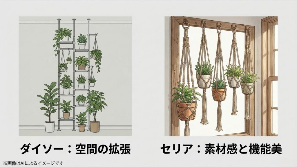 ダイソーの突っ張り棒で作る空間拡張と、セリアのマクラメ編みによる素材感を比較したイラスト