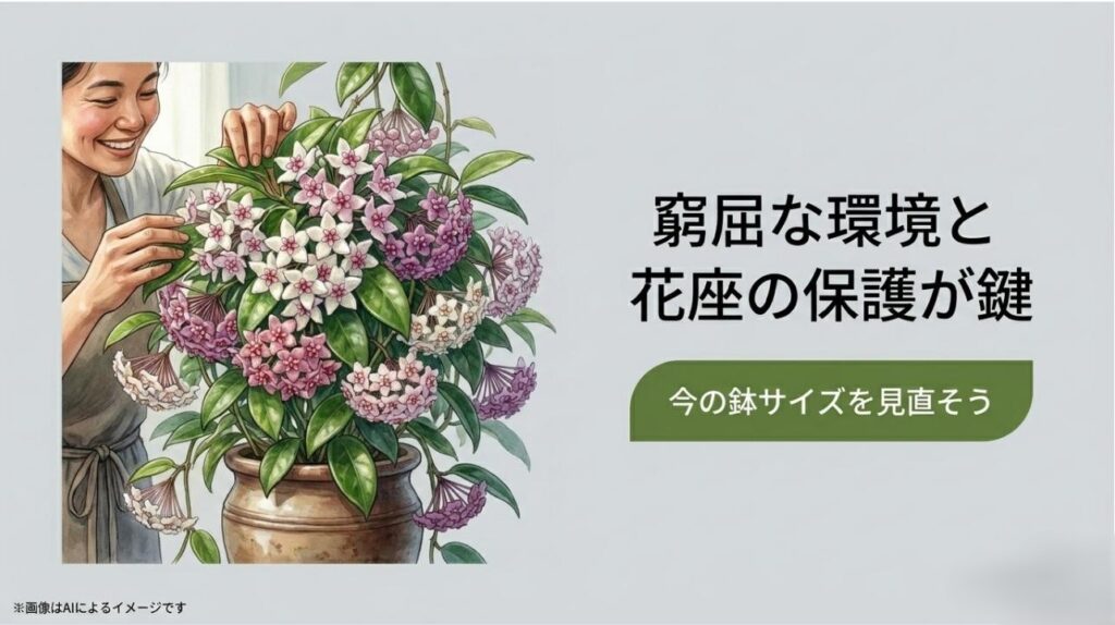 見事に咲き誇ったホヤの花を笑顔でお手入れする女性のイラストと、窮屈な環境と花座の保護が鍵というメッセージ
