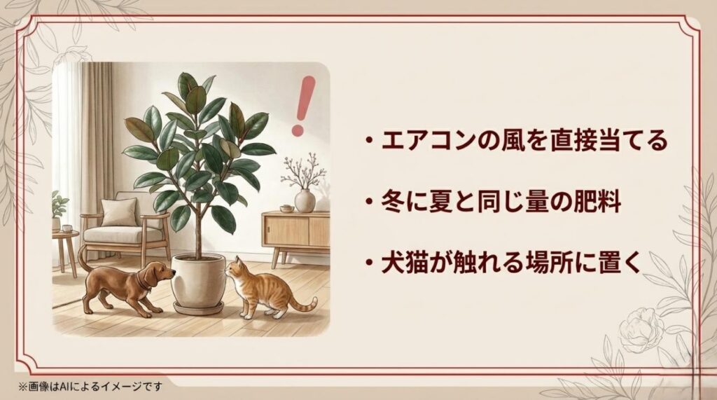 エアコンの直撃や冬の過剰な肥料、犬や猫が触れる場所への配置など、避けるべき3つのポイントをまとめた注意喚起スライド