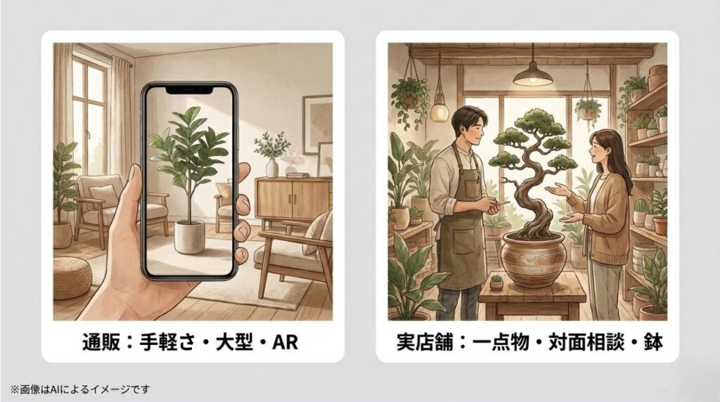 「手軽さ・大型なら通販」「一点物・対面相談なら実店舗」と、それぞれの強みを比較したサマリー