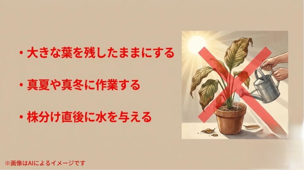 葉を残しすぎること、時期外れの作業、株分け直後の水やりを禁止するアイコンと注意書き