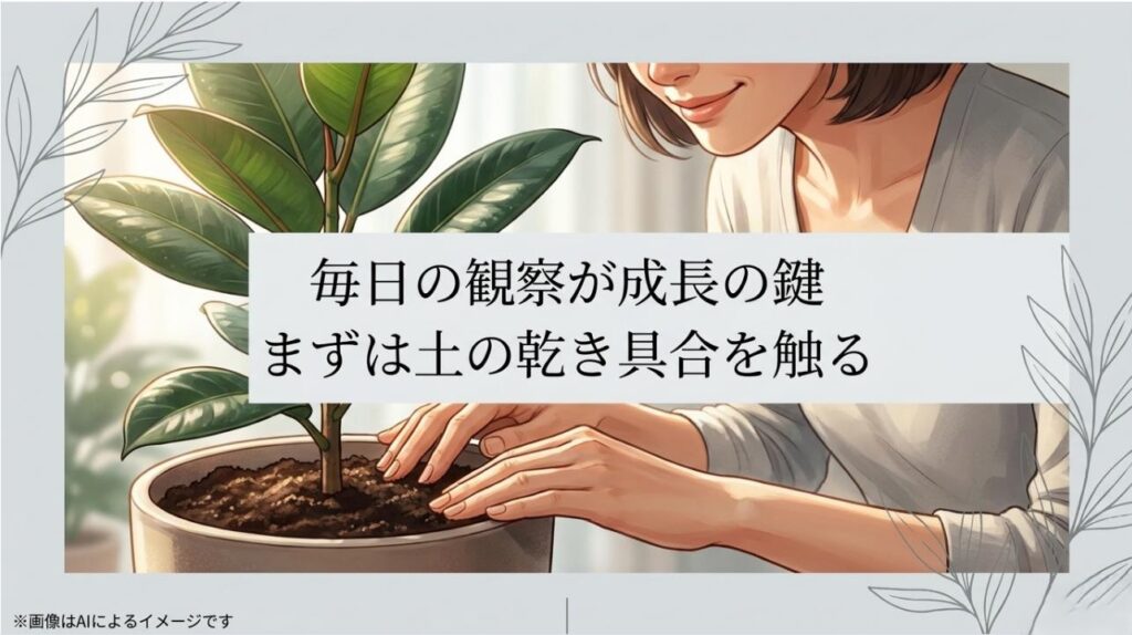 「毎日の観察が成長の鍵」というメッセージと、まずは土の乾き具合に触れることから始めることを推奨するまとめスライド