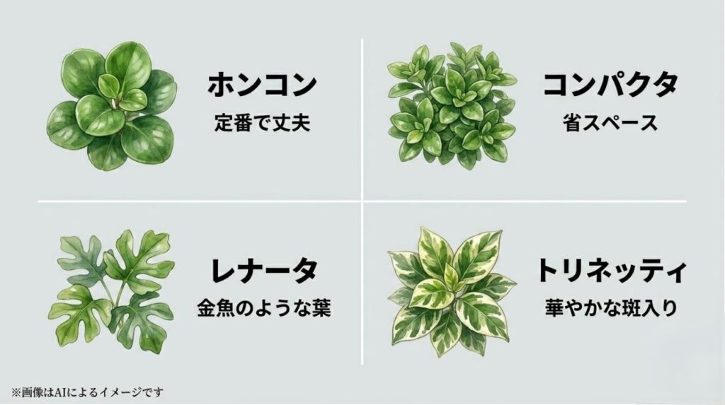 定番のホンコン、コンパクトなコンパクタ、金魚の尾ひれのようなレナータ、華やかな斑入りのトリネッティの葉の形をイラストで分かりやすく紹介したスライド
