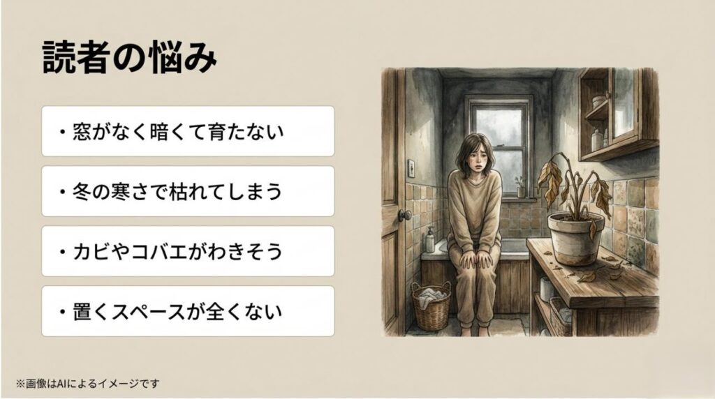 窓がない、冬の寒さ、カビやコバエ、置き場所がないという、お風呂場で植物を育てる際の代表的な4つの悩みをまとめたスライド