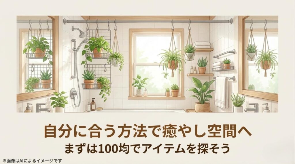 無理に浴室に固定せず、入浴時だけ持ち込むことでリスクをゼロにする柔軟な植物ケアのまとめスライド