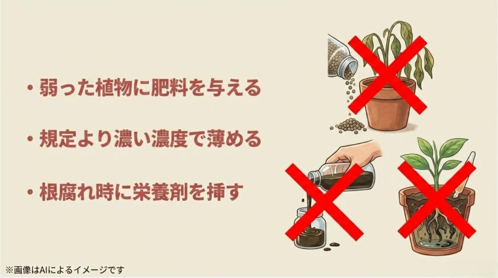 弱った植物への肥料、規定より濃い希釈、根腐れ中の栄養剤投与に大きな赤いバツ印がついた、注意喚起のイラスト