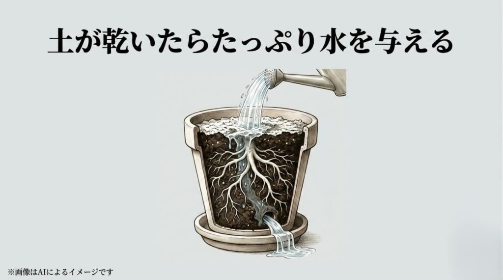 鉢の上部から水が注がれ、土全体に行き渡った水が鉢底の穴からスムーズに流れ出ている理想的な給水の様子を描いたイラストスライド