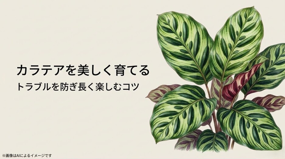 美しい模様のカラテアのイラストと共に、トラブルを防ぎ長く楽しむコツを伝える記事のアイキャッチ画像