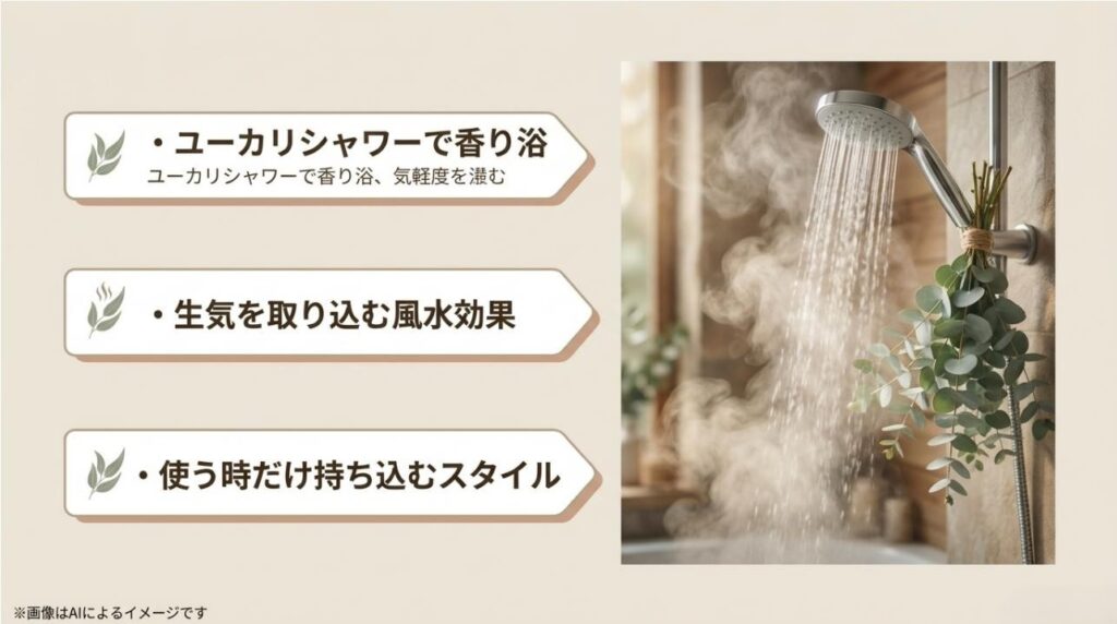 生のユーカリの枝を浴室に吊るし、お風呂の熱気と湯気で天然のアロマを発生させるユーカリシャワーの紹介スライド