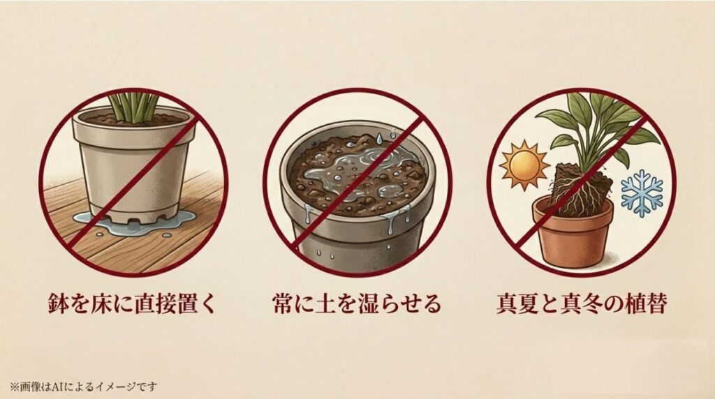 鉢の直置き、常に湿った土、不適切な時期の植え替えという3つの禁止事項を赤のバツ印で示したスライド