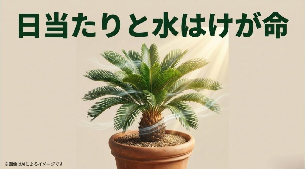 ソテツの健康維持に欠かせない日当たりと水はけの重要性を伝えるメッセージ画像