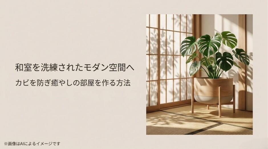 障子から差し込む柔らかな光のなか、おしゃれな木製スタンドに置かれたモンステラが和室の畳に美しい影を落としているアイキャッチ画像