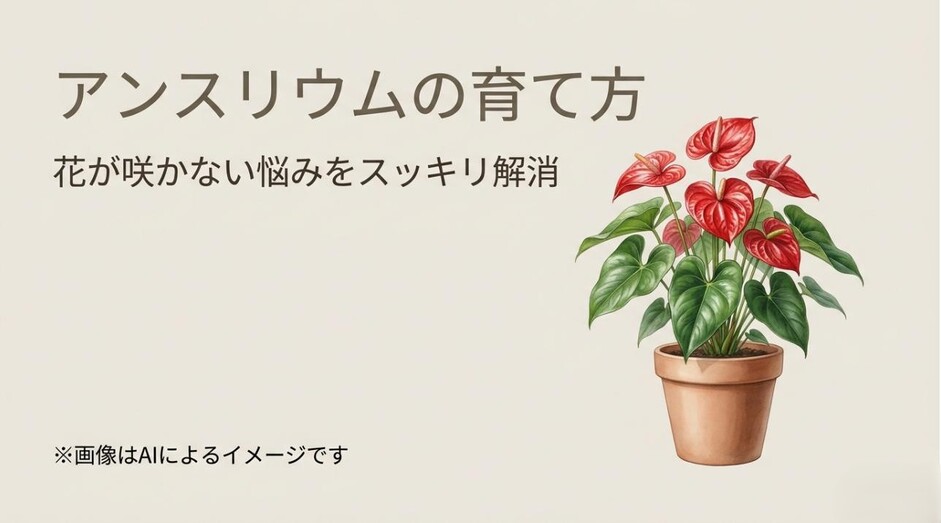 鮮やかに咲いた赤いアンスリウムの鉢植えと、開花を成功させるための基礎知識を伝えるタイトルスライド