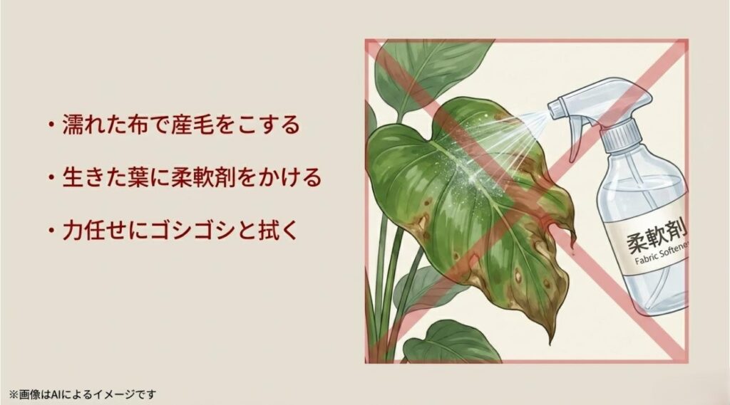 葉に柔軟剤のスプレーをかけたり、産毛のある葉を濡れた布でこすったりする等、やってはいけない掃除法を解説したスライド