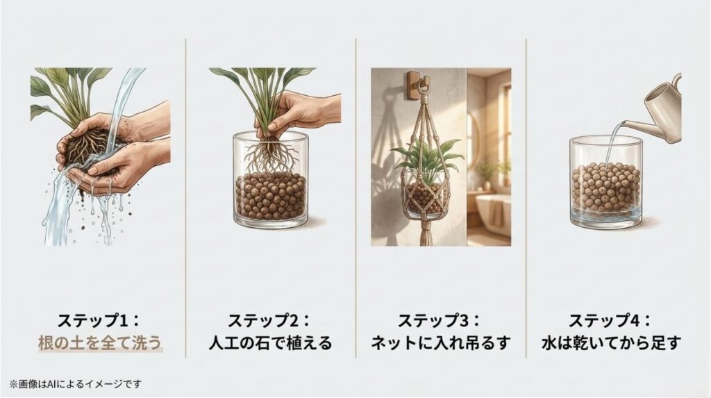 土を洗い流し、人工の石（ハイドロコーン）で植え、ネットに吊るして、乾いてから水を与えるというハイドロカルチャーの具体的な手順を示したイラスト付きスライド