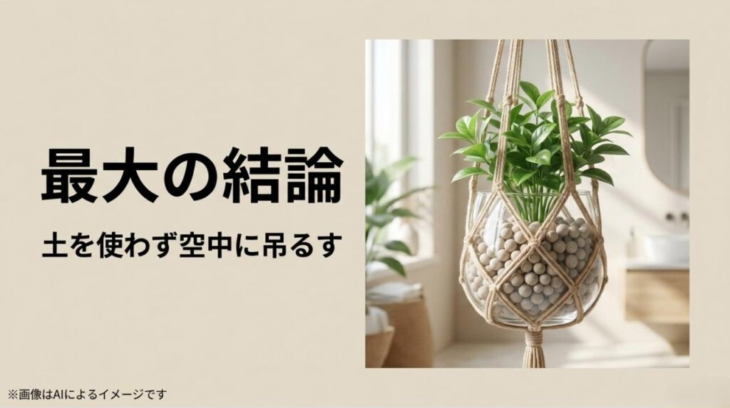 浴室のカビや省スペース対策として、土を使わずに植物を空中に吊るすレイアウトが最も効果的であることを示す結論スライド